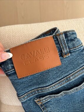 Cavalli Class Dark Blue Skinny Jeans with Leather Patch